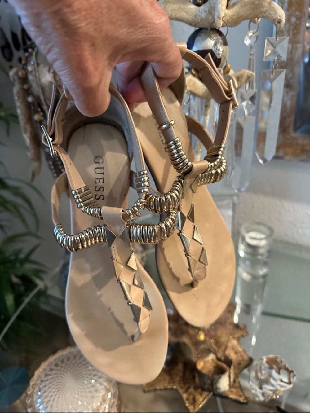 GUESS Tan Sandal with Gold Coil & Pyramid Accents